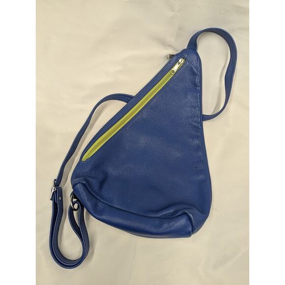 Karen Taber KT Leather Designs Bright Blue with Green Zippers Body Sling Bag - Picture 1 of 10